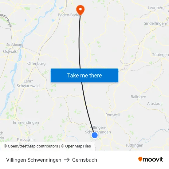 Villingen-Schwenningen to Gernsbach map