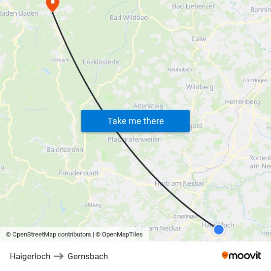 Haigerloch to Gernsbach map