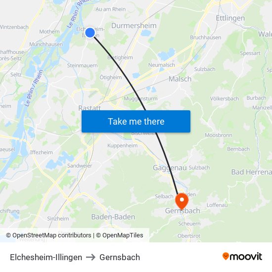 Elchesheim-Illingen to Gernsbach map