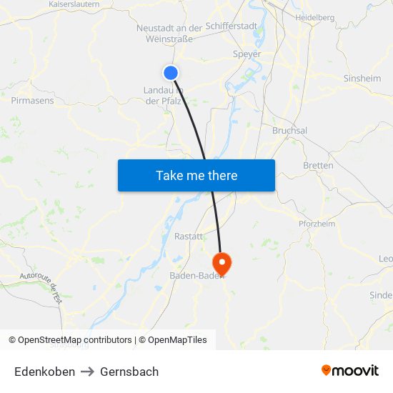 Edenkoben to Gernsbach map