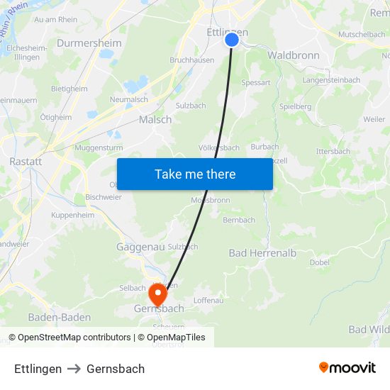 Ettlingen to Gernsbach map