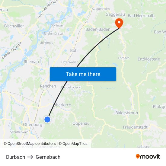 Durbach to Gernsbach map