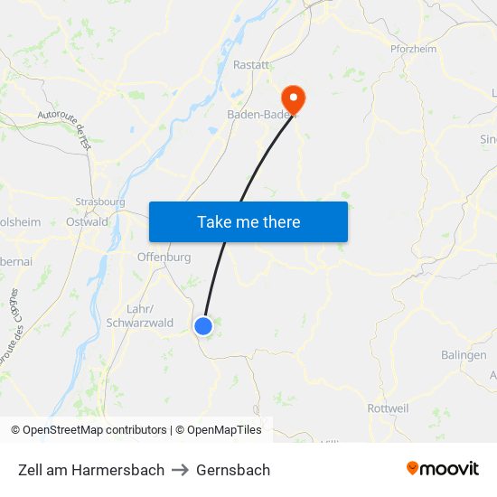 Zell am Harmersbach to Gernsbach map