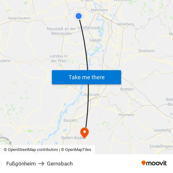 Fußgönheim to Gernsbach map