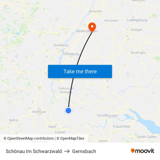 Schönau Im Schwarzwald to Gernsbach map