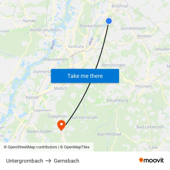 Untergrombach to Gernsbach map