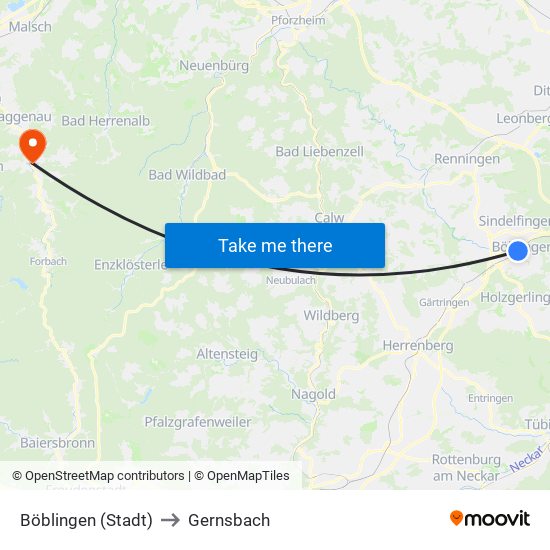 Böblingen (Stadt) to Gernsbach map