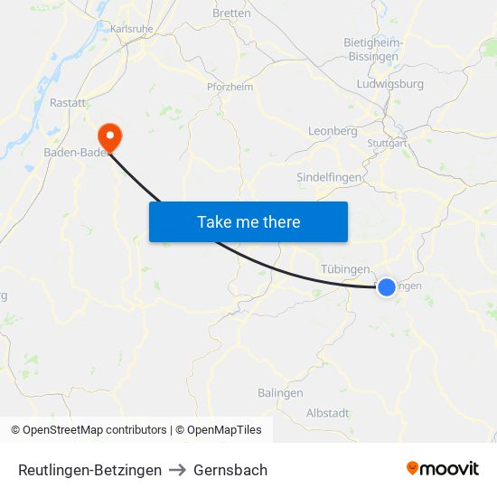 Reutlingen-Betzingen to Gernsbach map