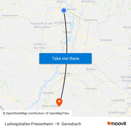 Ludwigshafen-Friesenheim to Gernsbach map