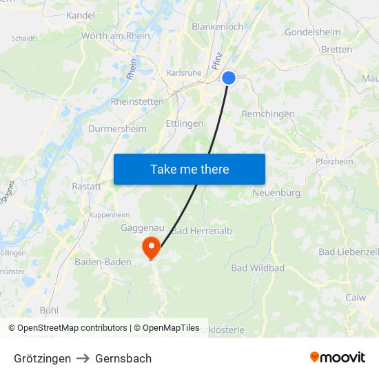 Grötzingen to Gernsbach map