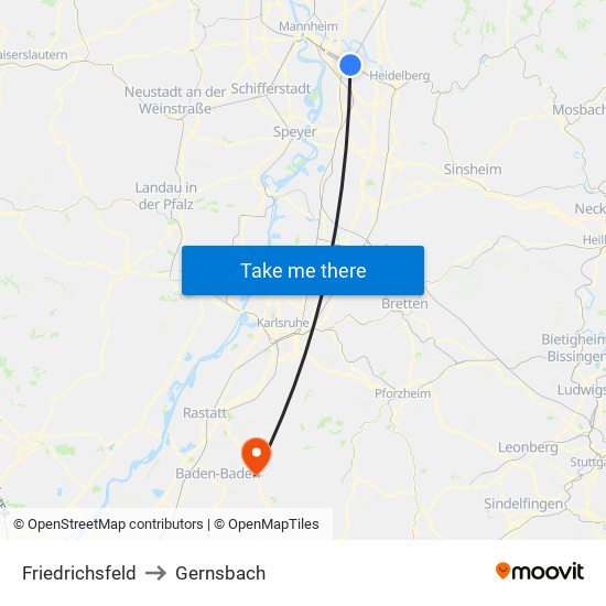 Friedrichsfeld to Gernsbach map