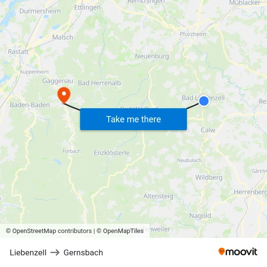 Liebenzell to Gernsbach map