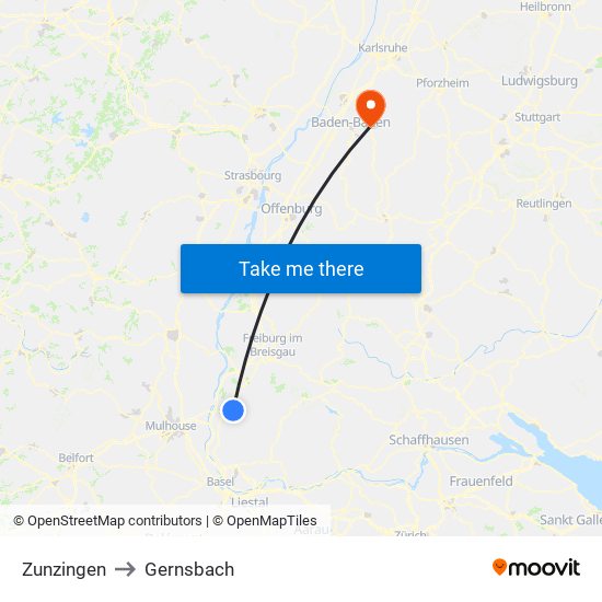 Zunzingen to Gernsbach map