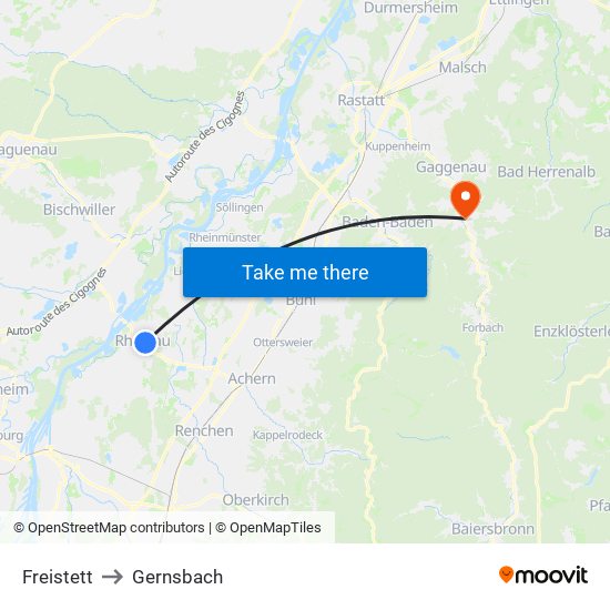 Freistett to Gernsbach map