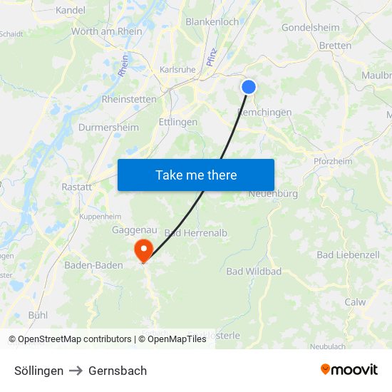 Söllingen to Gernsbach map