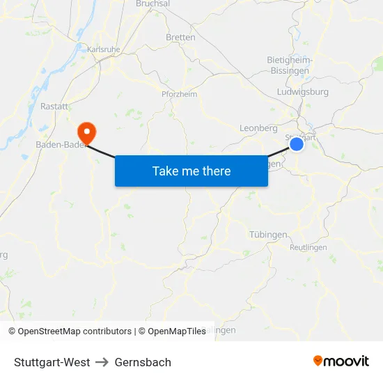 Stuttgart-West to Gernsbach map