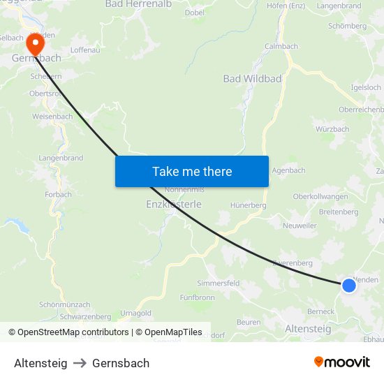 Altensteig to Gernsbach map