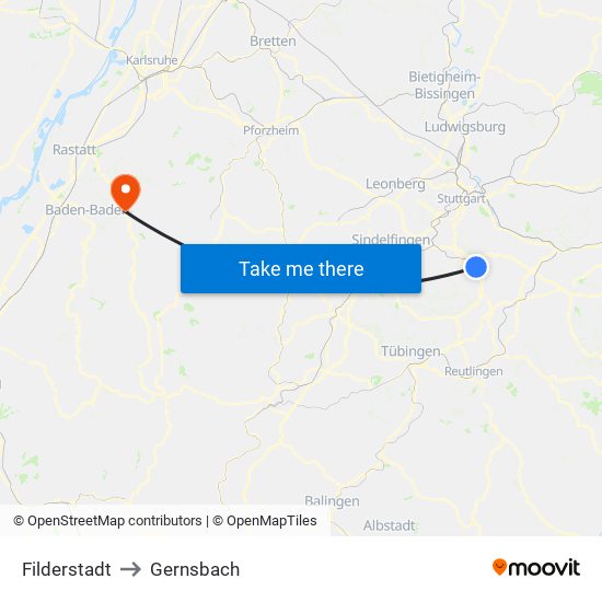 Filderstadt to Gernsbach map