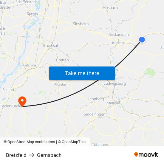 Bretzfeld to Gernsbach map