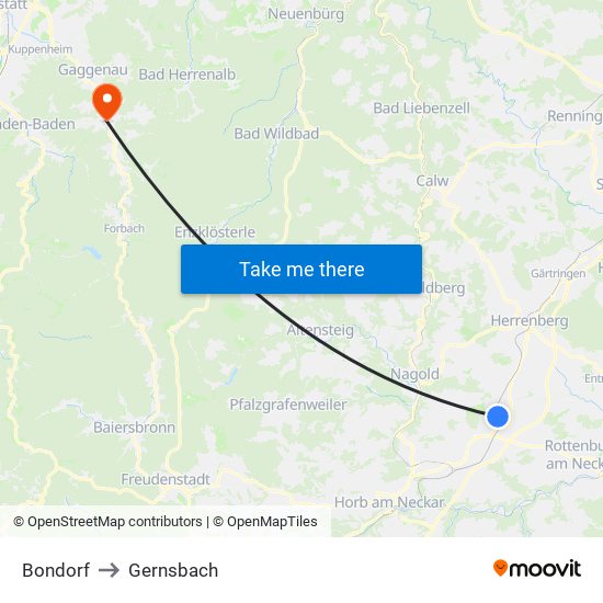 Bondorf to Gernsbach map