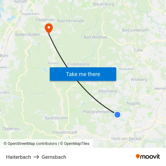 Haiterbach to Gernsbach map