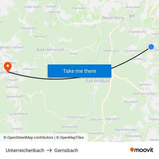 Unterreichenbach to Gernsbach map