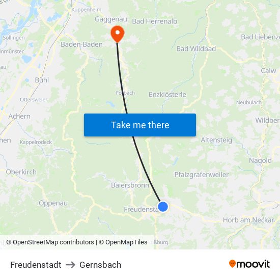 Freudenstadt to Gernsbach map