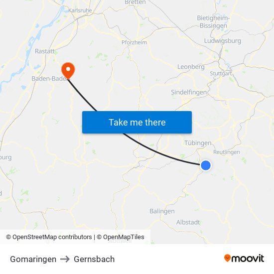 Gomaringen to Gernsbach map