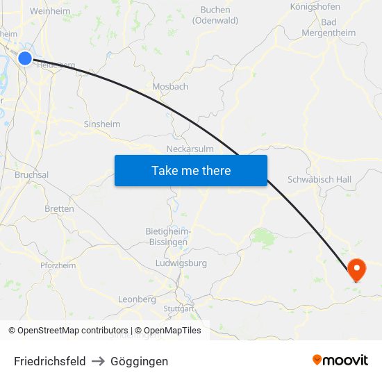 Friedrichsfeld to Göggingen map