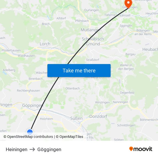 Heiningen to Göggingen map