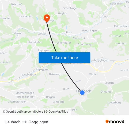 Heubach to Göggingen map