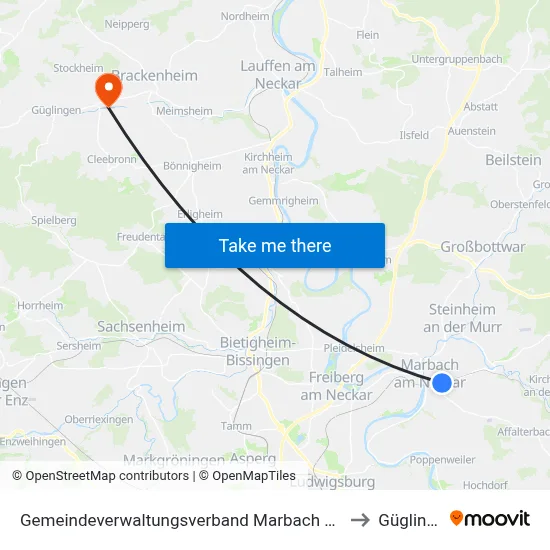 Gemeindeverwaltungsverband Marbach am Neckar to Güglingen map