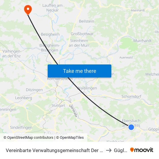 Vereinbarte Verwaltungsgemeinschaft Der Stadt Ebersbach An Der Fils to Güglingen map