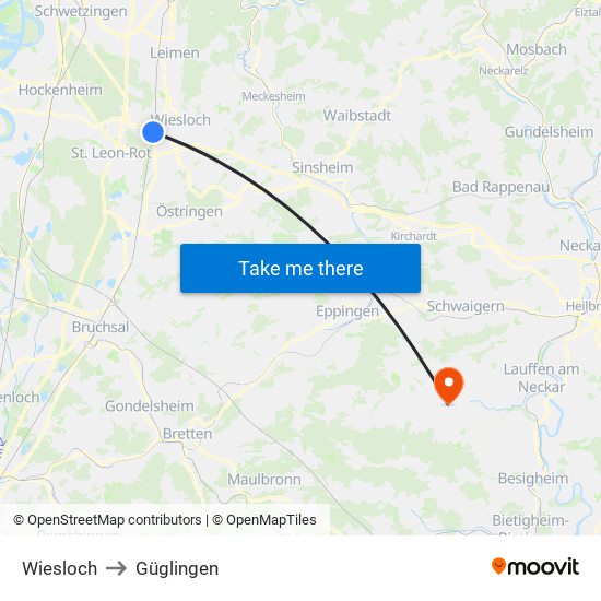 Wiesloch to Güglingen map