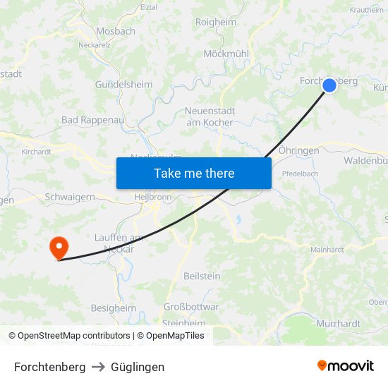 Forchtenberg to Güglingen map