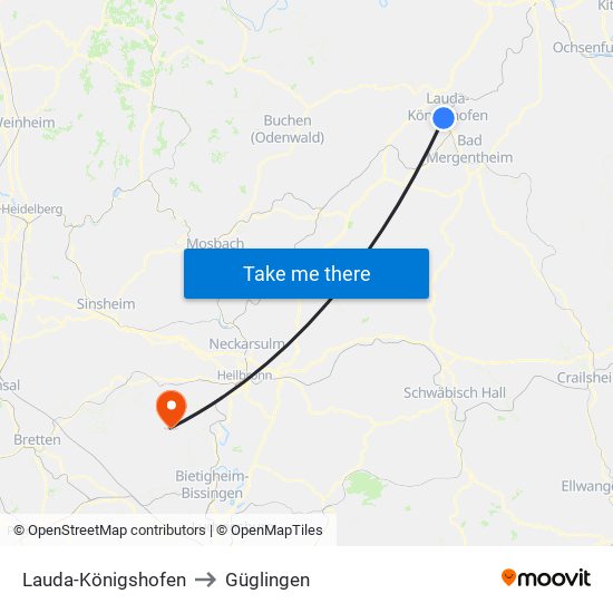 Lauda-Königshofen to Güglingen map