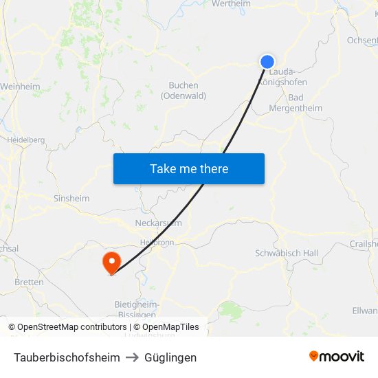 Tauberbischofsheim to Güglingen map