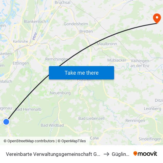 Vereinbarte Verwaltungsgemeinschaft Gernsbach to Güglingen map