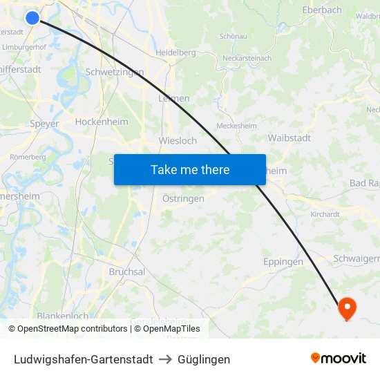 Ludwigshafen-Gartenstadt to Güglingen map