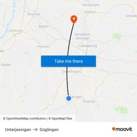 Unterjesingen to Güglingen map