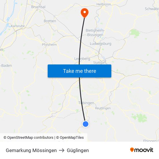 Gemarkung Mössingen to Güglingen map