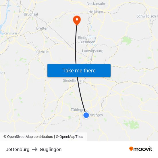 Jettenburg to Güglingen map