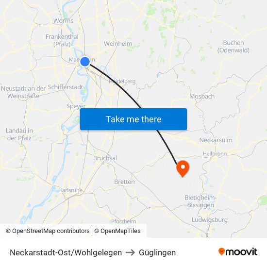 Neckarstadt-Ost/Wohlgelegen to Güglingen map