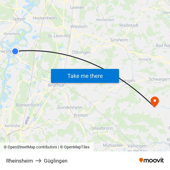 Rheinsheim to Güglingen map