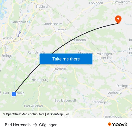 Bad Herrenalb to Güglingen map