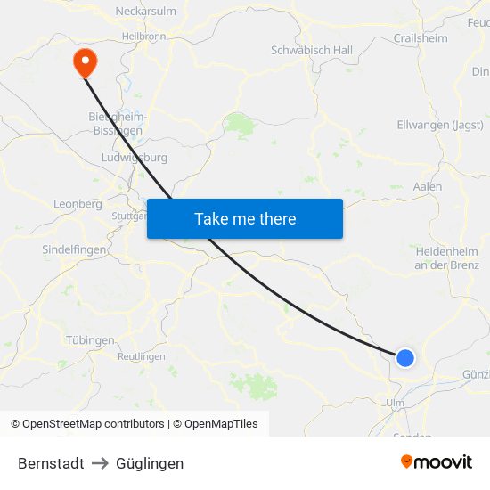 Bernstadt to Güglingen map