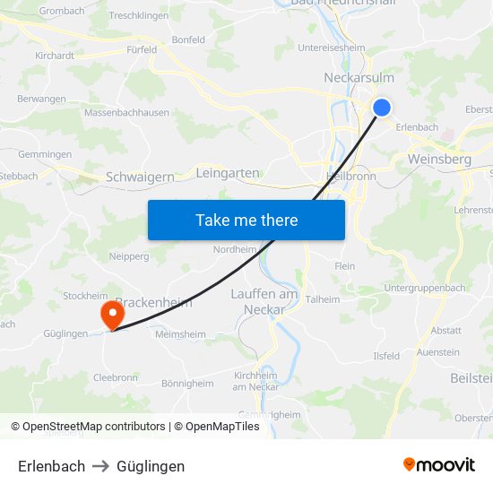Erlenbach to Güglingen map