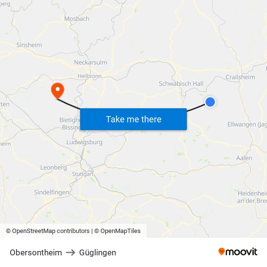 Obersontheim to Güglingen map