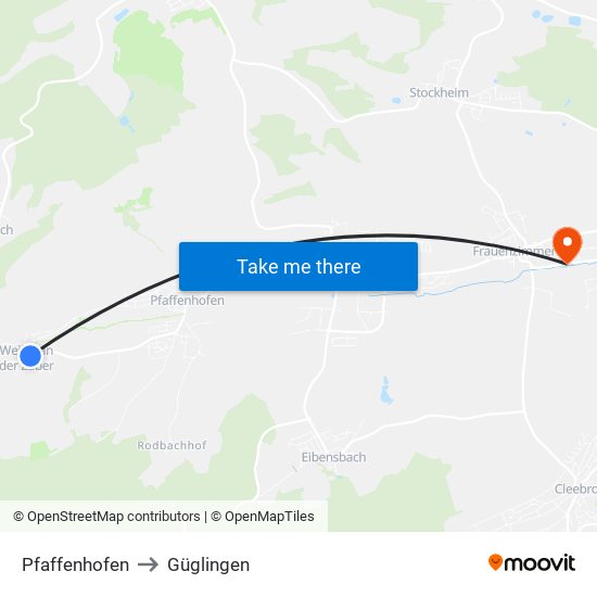 Pfaffenhofen to Güglingen map