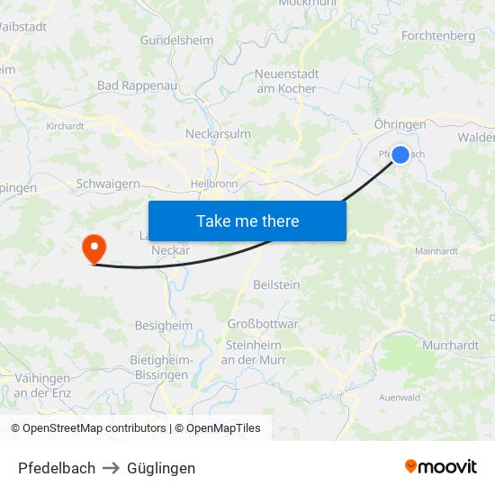 Pfedelbach to Güglingen map